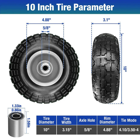 Diagram of four pack 10 inch flat free tires solid PU foam wheels built tough no flat rugged 5 by 8 axle bore offset hub 2.24 inch