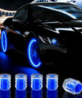Glow In The Dark Tire Valve Caps 20 Pack Fluorescent Valve Stem Caps Blue For Cars SUVs Bikes Motorcycles Trucks Universal Fit Night Visibility Cool Gift Idea with a car in motion showcasing glowing blue wheels.