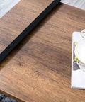 Top view of Rectangular Farmhouse Coffee Table With Handy Storage Shelf And Real Steady Iron Frame Rustic Brown Finished Cocktail Desk.