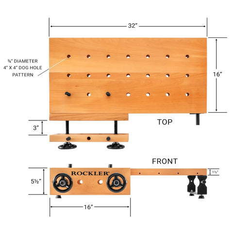 Handy Bench Portable Woodworking Workbench With Moxon Vise, 16x32 Solid Beech Benchtop, 4x4 Dog Hole Grid top and front view.
