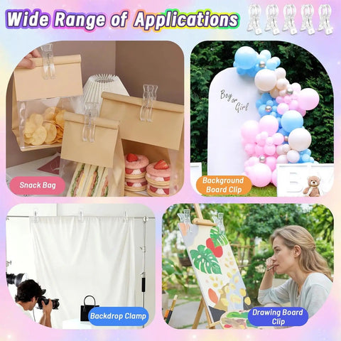 20-Piece Balloon Arch Clips And 100 Multicolor Balloons Kit For Easy Party Decor And No Fuss Setup, Transparent Plastic Spring Clamps In Use