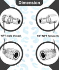 Stainless steel 1/4-inch NPT pressure washer fittings set with male and female quick-connect adapters shown in four views