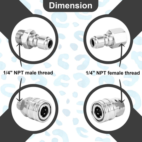 Stainless steel 1/4-inch NPT pressure washer fittings set with male and female quick-connect adapters shown in four views