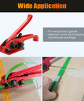 Heavy Duty Manual Poly Strapping Tensioner And Cutter Featuring Premium Hardened Steel, used on a cardboard box for securing goods.