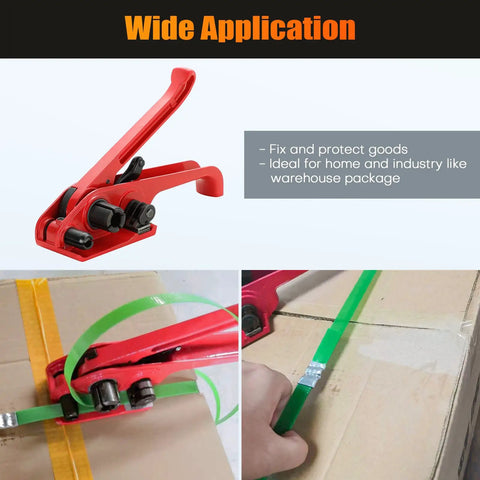 Heavy Duty Manual Poly Strapping Tensioner And Cutter Featuring Premium Hardened Steel, used on a cardboard box for securing goods.