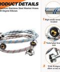 4 Ft Stainless Steel Washer Hoses with 90 Degree Elbows 2 Pack, braided design, nickel plated nuts, and elbow detail