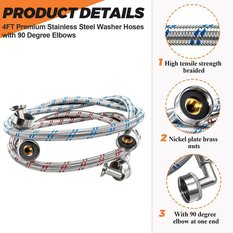 Heavy-Duty Stainless Steel Washing Machine Hoses 4 Ft With Three Quarter Inch 90 Degree Elbows Red And Blue 2 Pack Burst-Proof Hot And Cold Water Lines For A Workhorse Laundry Setup With 10 Year Warranty coiled with details on tensile strength, nickel nuts, and elbow design.
