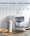 No Sweat Countertop Dishwasher Featuring A 1.59 Gal Built In Water Tank And Five Plus Two Smart Wash Cycles Plug And Go Setup, showing compact design and capacity.