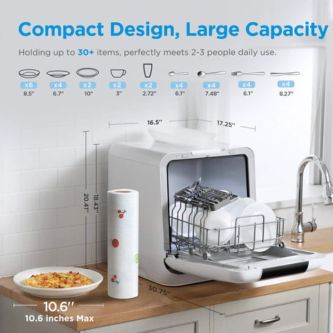 No Sweat Countertop Dishwasher Featuring A 1.59 Gal Built In Water Tank And Five Plus Two Smart Wash Cycles Plug And Go Setup, showing compact design and capacity.
