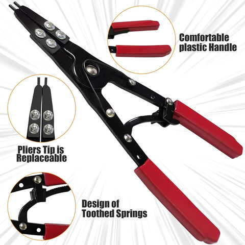 Heavy Duty 10 Inch Spindle Snap Ring Pliers Set With Ratchet Lock For Internal And External Circlips Quick Install And Removal Tool Kit For Ford And General Auto Repair 2025 Upgraded Model Built Tough, red handles, replaceable tips