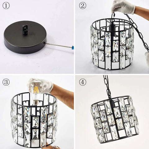 Assembly of Plug In Vintage Crystal Pendant Light with Chain, Black Metal Frame, Dimmable K9 Crystal Beams, 16.4 Ft Cord