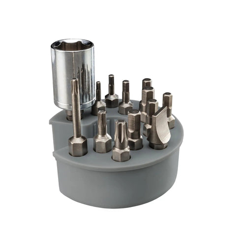 Gray bit storage ring with 13 metal bits for Pro Torque Wrench For Riflescopes With 10 To 90 In Lbs Torque Range 13 Bit Kit