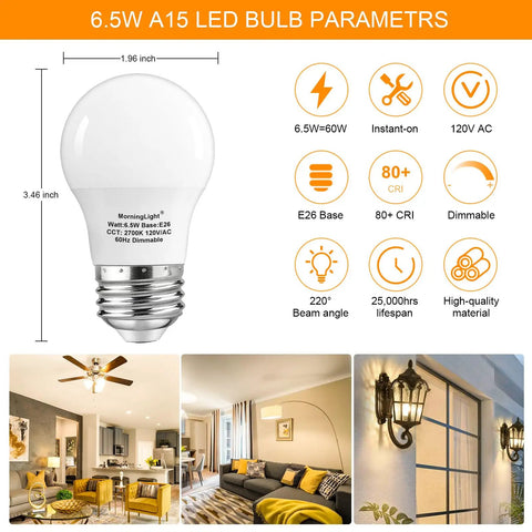 A15 LED Filament Bulbs, 7W Equal 60W, Dimmable 2700K Warm White, E26 Base, 850 LM, Clear Antique Edison Style Bulbs chart and usage