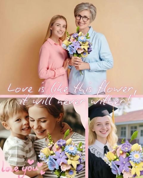 Two people holding DIY bouquets from Pipe Cleaner Flower Kit With Video Tutorial 500 Pcs Craft Set For Flower Making Chenille Stems.