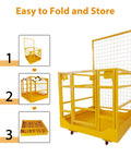 Forklift safety cage with wheels, yellow steel work platform, 1400 lb capacity, collapsible lift basket