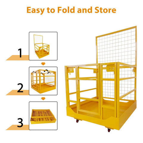 Forklift safety cage with wheels, yellow steel work platform, 1400 lb capacity, collapsible lift basket