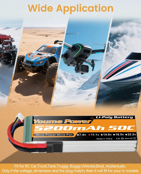 Extended-Run 3S LiPo Battery Pack 5200mAh 11.1V 50C Shorty With TR Plug showing various RC vehicle applications