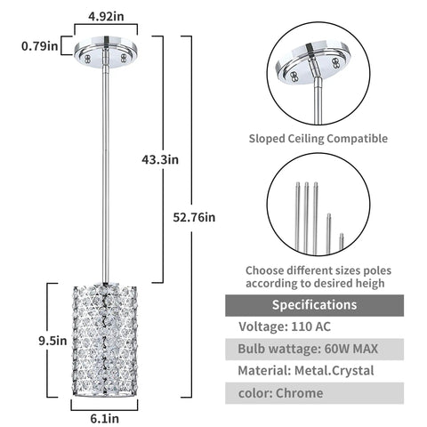 Diagram of Crystal Flush Mount Ceiling Light, 1 Light, Bulb Included, Silver Chrome Finish with dimensions and specs