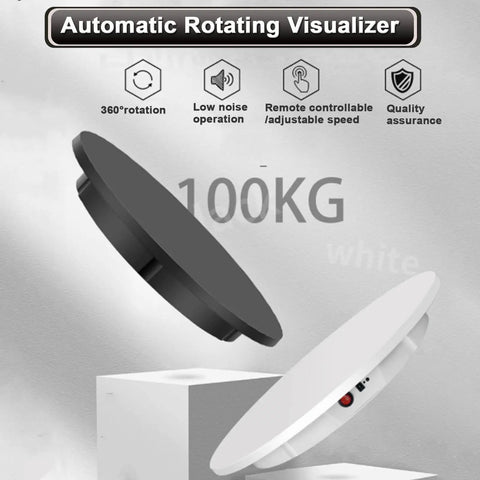 Slick Black Electric Turntable Motorized Rotating Display Stand With Remote Control for showcasing photography products.