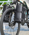 All Weather Waterproof Bike Fork Bag For Bikepacking With Roll Top Closure And Heat Sealed Seams Front Pannier attached to bike