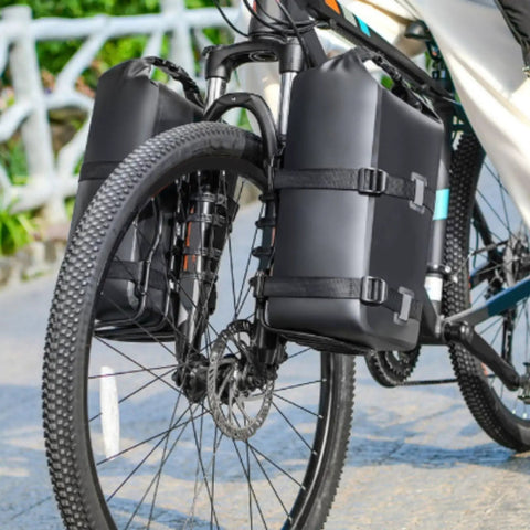 All Weather Waterproof Bike Fork Bag For Bikepacking With Roll Top Closure And Heat Sealed Seams Front Pannier attached to bike