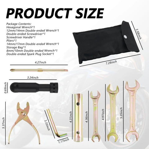 Diagram showing the Compact Motorcycle Tool Kit with pliers, double ended spark plug socket, screwdriver, wrenches, and storage bag for dirt bike repairs with measurements.