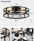 20 Inch Caged Ceiling Fan With Light And Remote, Low Profile Flush Mount Fandelier In Black with dimensions and remote control