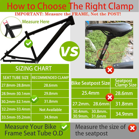 Bike seat clamp sizing chart showing 28.6mm, 31.8mm, and 34.9mm options for frame tubing and seatpost measurements.