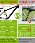 Sizing chart for Quick Release Aluminum Bike Seat Post Clamp Collar For 28.6mm 31.8mm And 34.9mm Seats with frame measurement guide