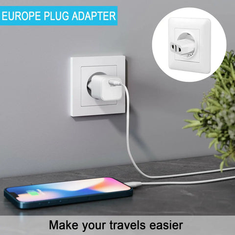Six Pack US To Europe Type C Travel Plug Adapters in European outlet powering a phone, highlighting compact travel gear