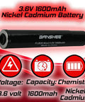 Stinger Series Replacement Battery 3 Pack Beef Up Flashlight Power With 3.6V NiCd 1600mAh Fits Stinger HP XT PolyStinger Pelican M9 Nickel Cadmium Cells Maglite Compatible, showing black battery with specifications icons.