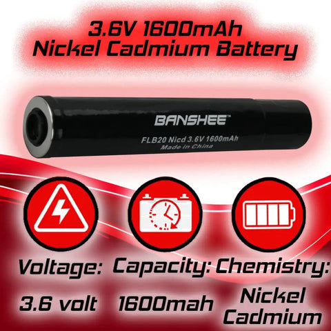 Stinger Series Replacement Battery 3 Pack Beef Up Flashlight Power With 3.6V NiCd 1600mAh Fits Stinger HP XT PolyStinger Pelican M9 Nickel Cadmium Cells Maglite Compatible, showing black battery with specifications icons.