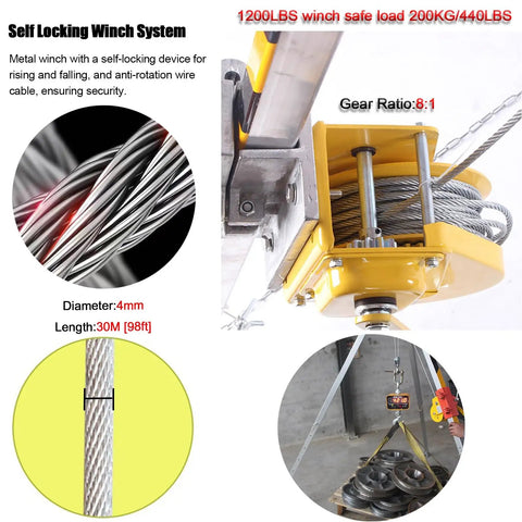 Darn Sturdy Portable Emergency Rescue Tripod With 30 Meter Winch And Legit Aluminum Frame For Deep Well Sewer And Tight Job Sites 440 Lbs Heavy Duty Adjustable Rope System components including winch, wire details, and safety features.