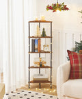 Built Different Five Tier Corner Shelf Stand, Industrial Bookcase with rustic brown shelves holding decorations, books, and more.