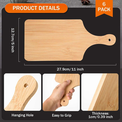 Top-view bamboo cutting board set, 11x5 inches, 0.39 in thick, hanging hole, 6-pack