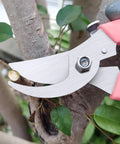 Ultra Sharp Stainless Steel Flower Scissors With Ergonomic Non Slip Handle For Easy Garden Pruning Lightweight Pro Grade Shears 1 Inch Cut Capacity Rust Resistant For Bonsai And Plants Pink in action cutting branch close-up