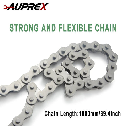 Heavy Duty Chain Oil Filter Wrench With Adjustable Long Handle, forged steel chain, 39.4 inch length, corrosion-resistant finish.