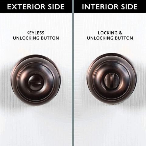 Exterior and interior sides of Privacy Door Knobs For Bedroom And Bathroom Ball Style Oil Rubbed Bronze With Keyless Turn Thumb Lock