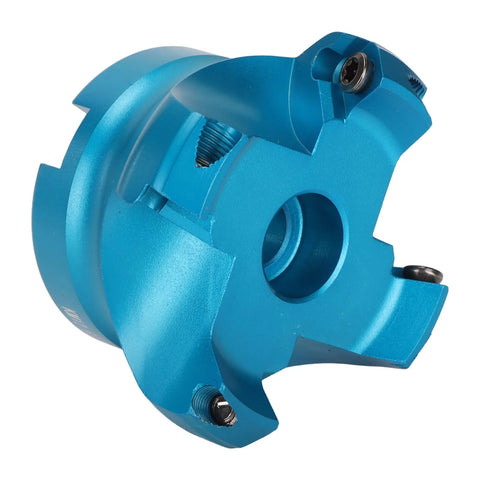 Front view of blue aluminum alloy CNC lathe face mill head with four flutes