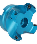 CNC lathe face mill head, blue aluminum alloy, 4-flute design with mounting hole and screws