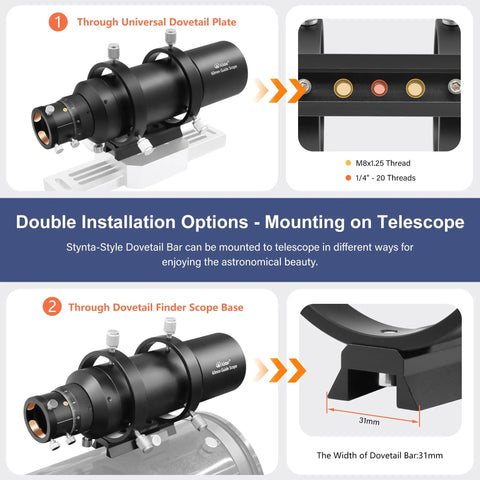 60mm Guide Scope Finder Kit With 1.25 Inch Double Helical Focuser FMC Lens; telescope mounting options with dovetail plate and base.