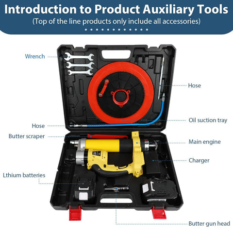 Cordless Grease Gun With LED Light 12000 PSI High Pressure Tool in carrying case with accessories, including batteries and charger.