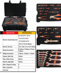34 Piece Non Sparking Tool Set Pro Grade Kit With Water Pump Wrench Flat Adjustable Wrench Pliers Screwdrivers Tweezers And Hex Keys Beryllium Copper Non Magnetic Corrosion Resistant DIN Standard BAM Certified displayed in open tool case.