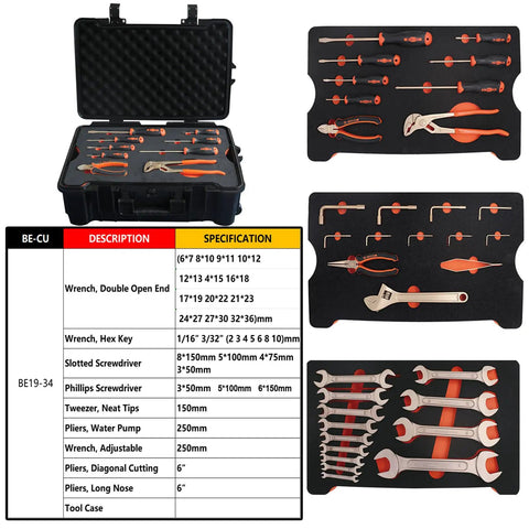 34 Piece Non Sparking Tool Set Pro Grade Kit With Water Pump Wrench Flat Adjustable Wrench Pliers Screwdrivers Tweezers And Hex Keys Beryllium Copper Non Magnetic Corrosion Resistant DIN Standard BAM Certified displayed in open tool case.