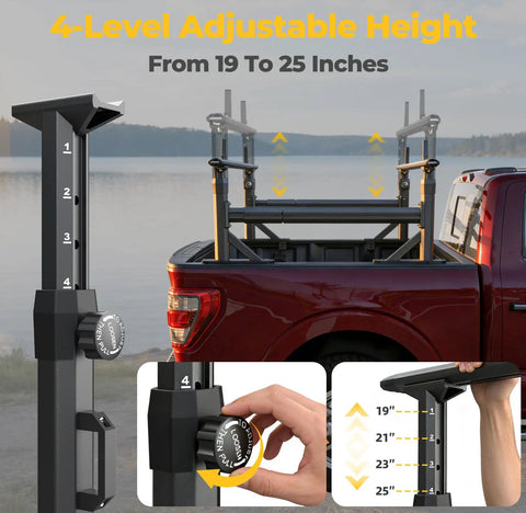 Adjustable Aluminum Truck Ladder Rack With Side Bar Clamp On No Drill Install Fits F150 Silverado Ram Sierra 19-25 in height