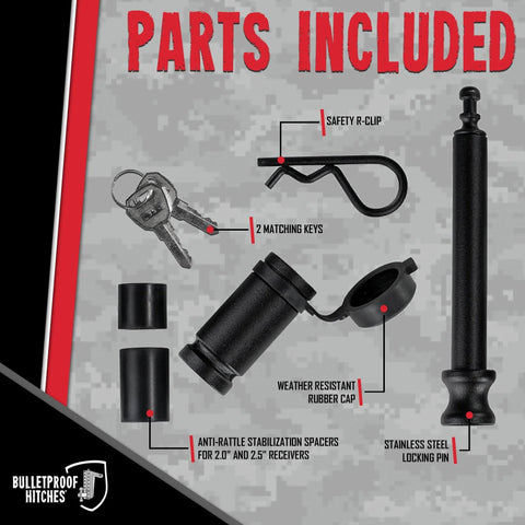 Parts included with 5/8 Inch Trailer Hitch Locking Pin For Universal Fit, Heavy Duty Stainless Steel With Weatherproof Rubber Cap, Black Finish.