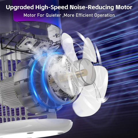 Game Changer 4 In 1 Portable Air Conditioner Humidifier Fan motor, highlighting noise-reducing feature for quiet performance.