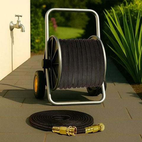 Front view of a 25ft lightweight flexible garden hose on a wheeled reel with brass fittings.