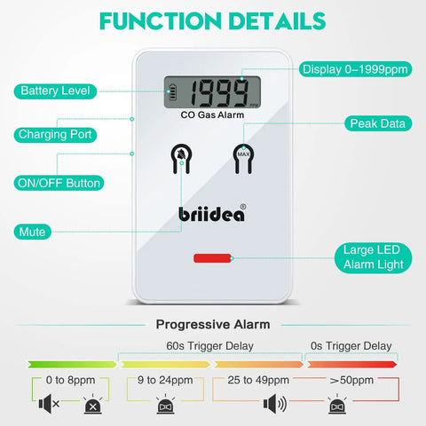 Low Level Carbon Monoxide Detector For Cars And Planes, Fast 9ppm Alarm, Portable CO Detector, white with display showing 1999 ppm