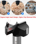 3-1/4 Inch Carbide Tipped Forstner Drill Bit For Hard Wood With Clean Flat Bottom Holes, shown in use with shavings and drilled wood.